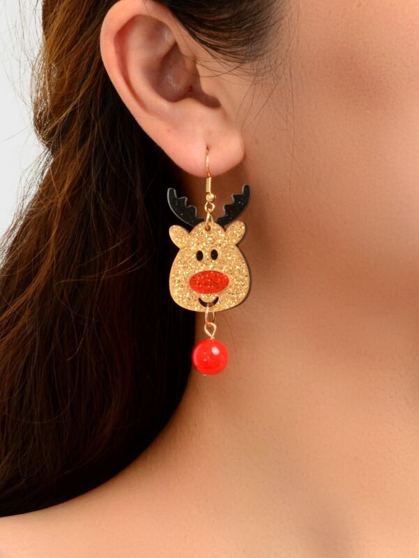 Shining Red Bead Gold Dangle Christmas Reindeer Earrings Elk Deer Fesvital Jewel