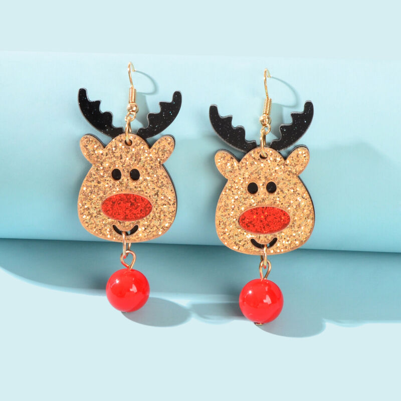 Shining Red Bead Gold Dangle Christmas Reindeer Earrings Elk Deer Fesvital Jewel