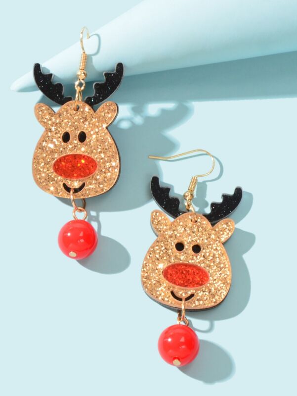 Shining Red Bead Gold Dangle Christmas Reindeer Earrings Elk Deer Fesvital Jewel