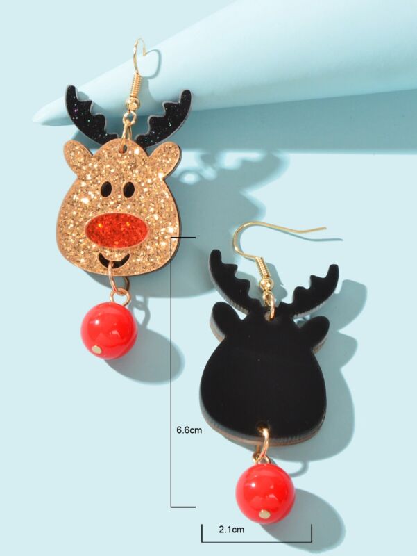 Shining Red Bead Gold Dangle Christmas Reindeer Earrings Elk Deer Fesvital Jewel